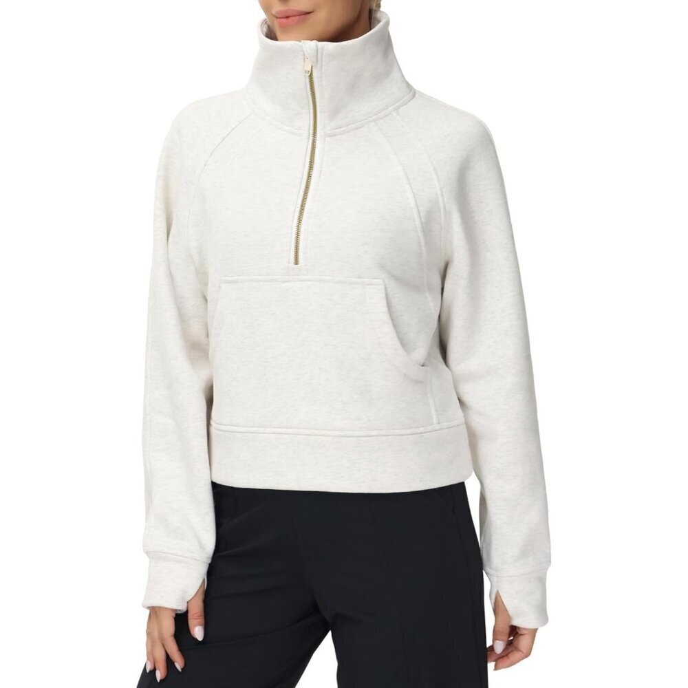 Women's Fleece Half-Zip Pullover Crop Sweatshirt with Pockets and Thumb Holes